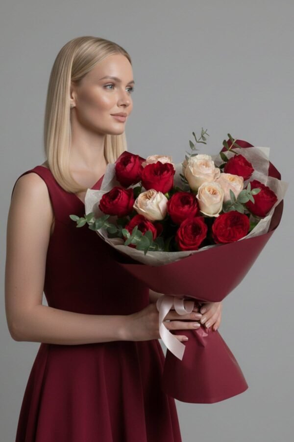 Luxury Dream Bouquet by The London Bloom featuring red piano roses, apricot Juliet peonies, and silver eucalyptus in premium gift wrap.