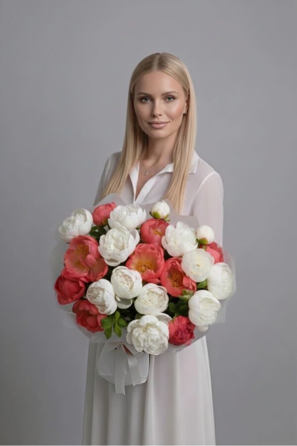 Luxury Peony Bouquet by The London Bloom featuring 12 white Sarah Bernhardt peonies and 10 coral sunset peonies in premium gift wrap.