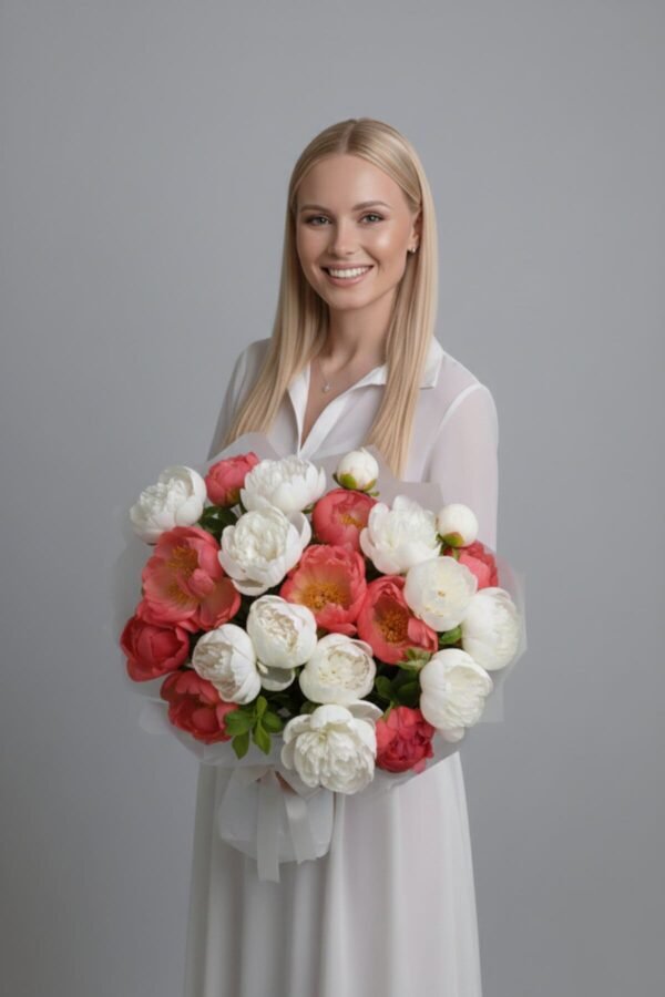Luxury Peony Bouquet by The London Bloom featuring 12 white Sarah Bernhardt peonies and 10 coral sunset peonies in premium gift wrap.