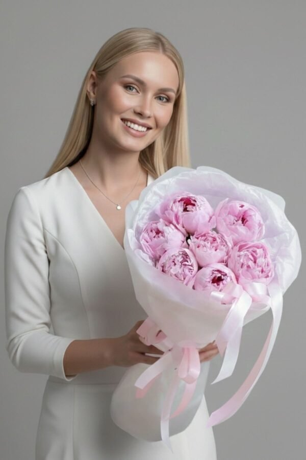 Luxury Pink Peonies Bouquet by The London Bloom featuring seven large Sarah Bernhardt peonies in premium white gift wrap.