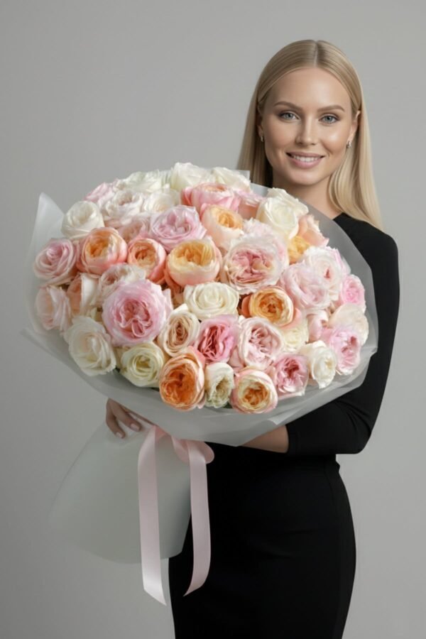Large luxury Triple Charm Bouquet by The London Bloom featuring pink and white O’Hara peonies with apricot Juliet peonies in premium gift wrap.