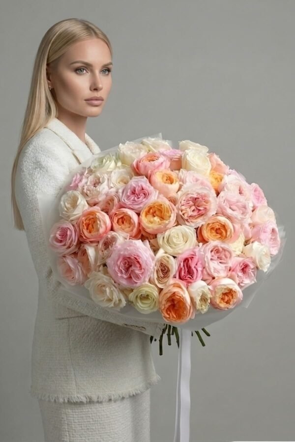 Large luxury Triple Charm Bouquet by The London Bloom featuring pink and white O’Hara peonies with apricot Juliet peonies in premium gift wrap.
