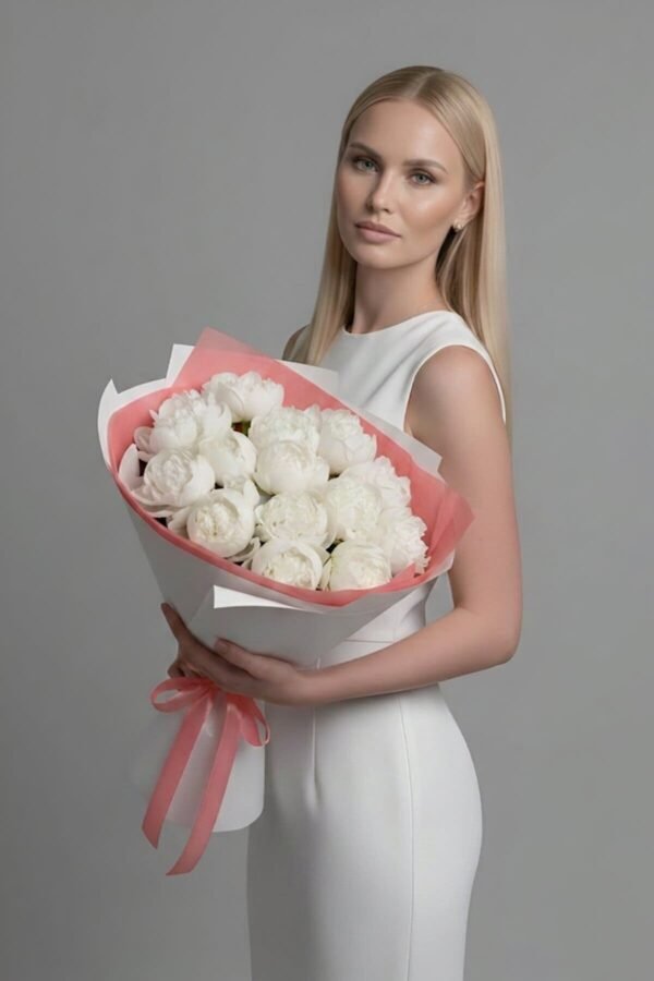 Luxury White Peony Bouquet by The London Bloom featuring 14 large white Sarah Bernhardt peonies in premium gift wrap.
