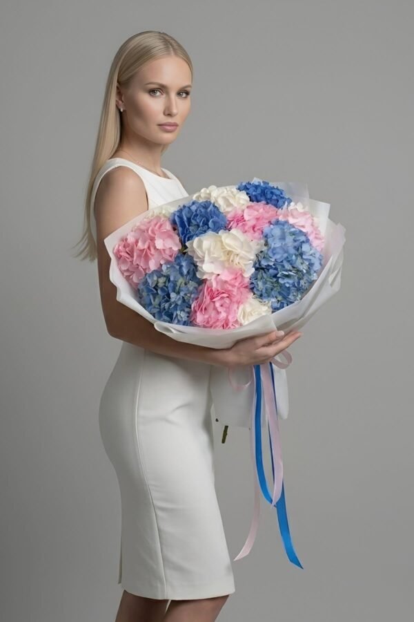 Large luxury Hydrangea Bouquet by The London Bloom featuring 15 voluminous hydrangea heads in premium white gift wrap.