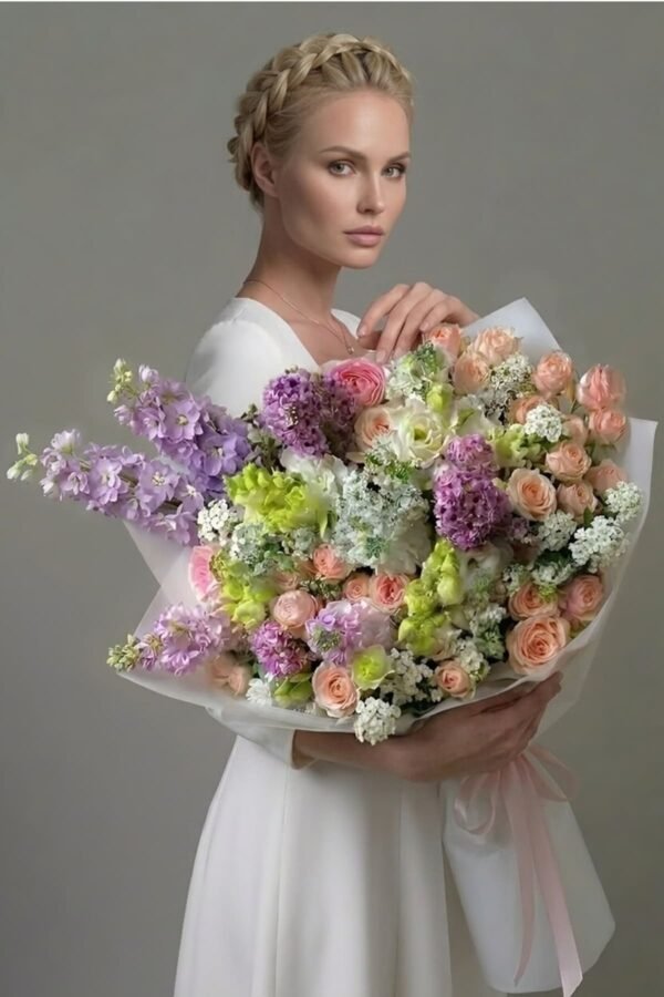 Luxury Vibrant Colors Bouquet by The London Bloom featuring pink roses, purple matthiola, white lisianthus, and delicate wax flowers in premium gift wrap.