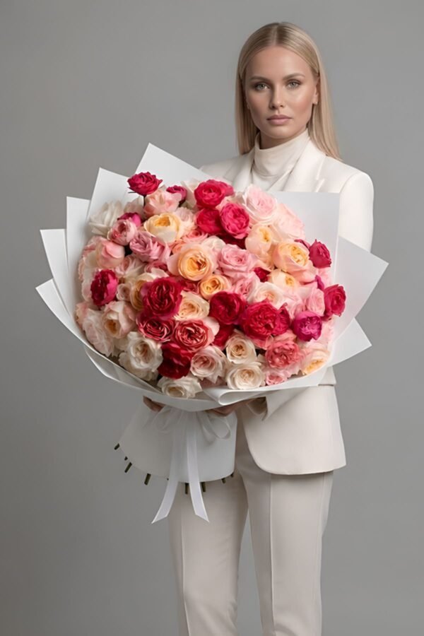 Luxury 100 Premium Roses Bouquet by The London Bloom featuring Red Piano, Pink O'Hara, and Juliet peach roses.