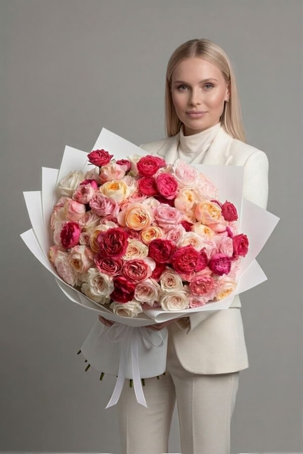 Luxury 100 Premium Roses Bouquet by The London Bloom featuring Red Piano, Pink O'Hara, and Juliet peach roses.