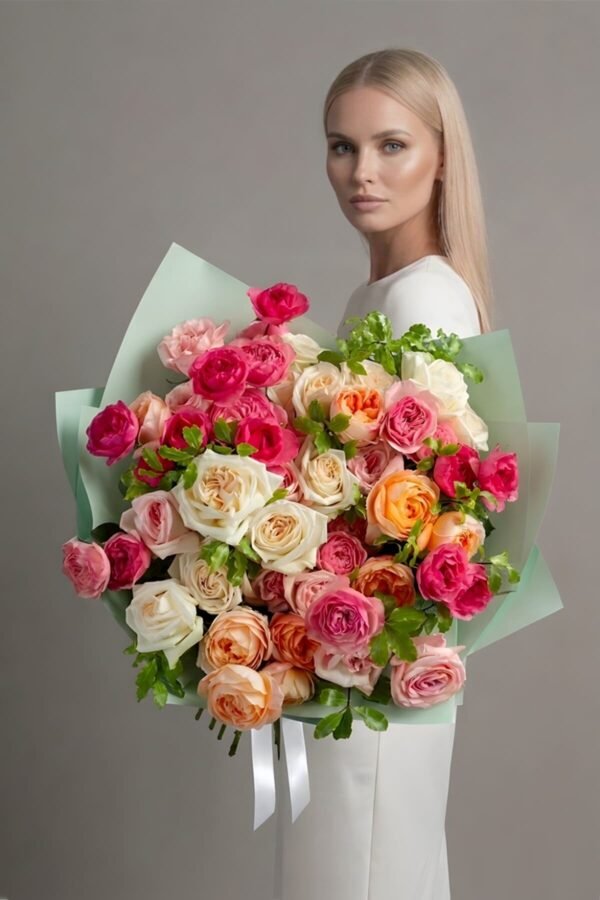 Grand 50 Premium Roses Bouquet by The London Bloom featuring pink and white O'Hara roses with peach Juliet roses.