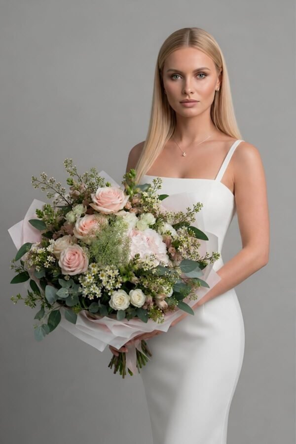 The medium-sized Elegance Bouquet by The London Bloom featuring soft pink Sweet Akito roses, a large white hydrangea, and snapdragons framed by fresh greenery.