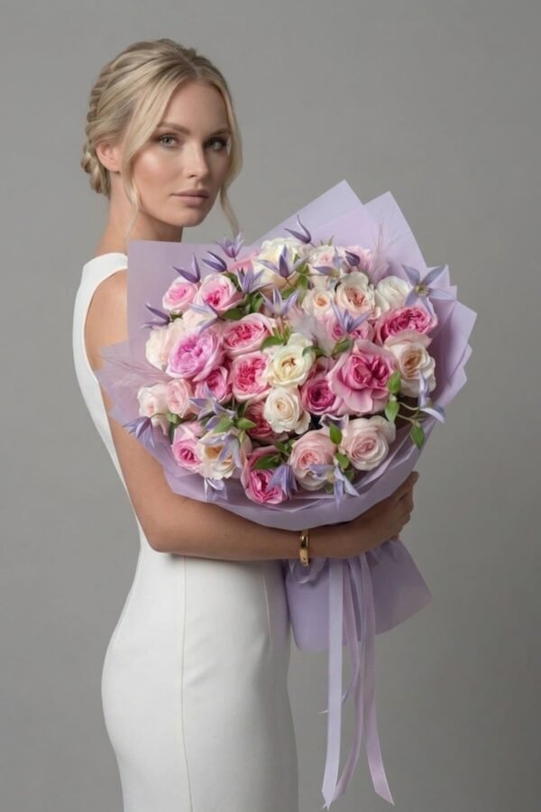 Luxury Roses Bouquet London by The London Bloom featuring pink and white Peony O'Hara roses, purple clematis, and wispy stipa grass.