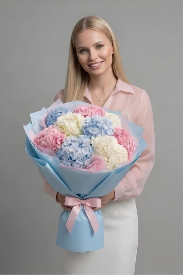 Luxury Mixed Hydrangea Bouquet by The London Bloom featuring large blue, pink, and white flower heads.