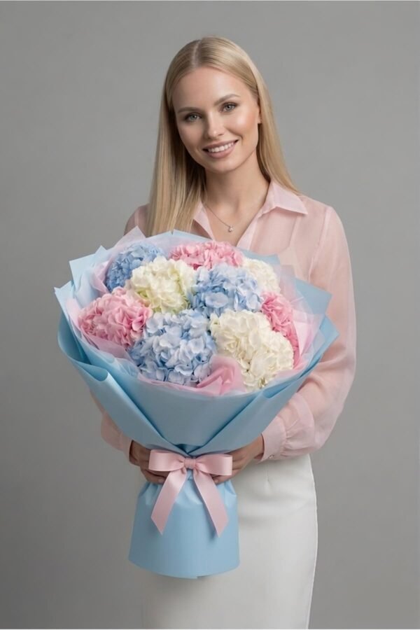 Luxury Mixed Hydrangea Bouquet by The London Bloom featuring large blue, pink, and white flower heads.