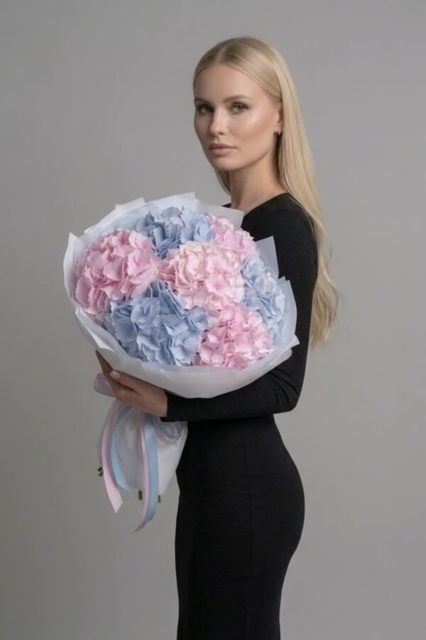 Luxury Pink and Blue Hydrangea Bouquet by The London Bloom featuring large blue and pink flower heads.
