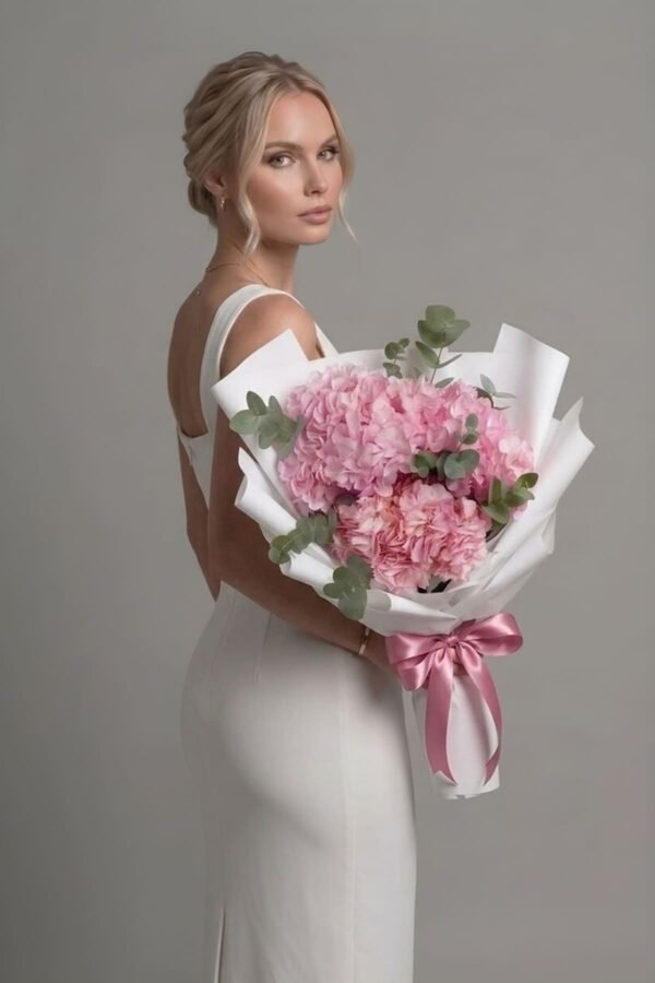 Luxury Pink Hydrangea and Eucalyptus Bouquet by The London Bloom featuring large pink flower heads and silvery eucalyptus foliage.