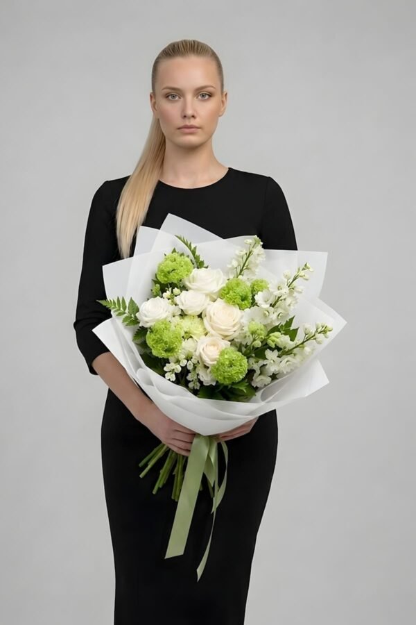 The medium-sized Graceful Delphinium and Roses Bouquet by The London Bloom featuring tall white delphinium spires, ivory Avalanche roses, and fresh green ferns.