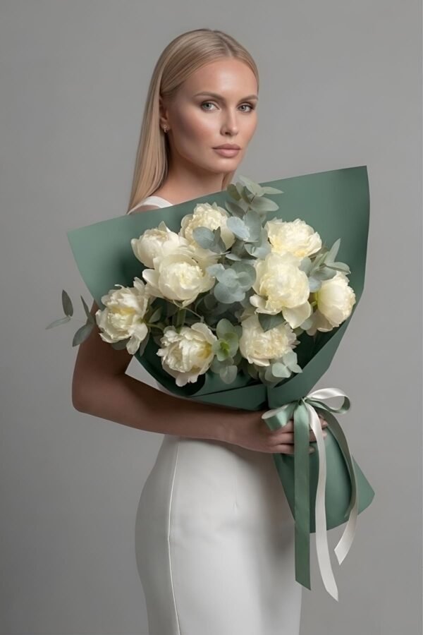 A bouquet of white Sarah Bernhardt peonies mixed with green eucalyptus leaves, provided by The London Bloom.