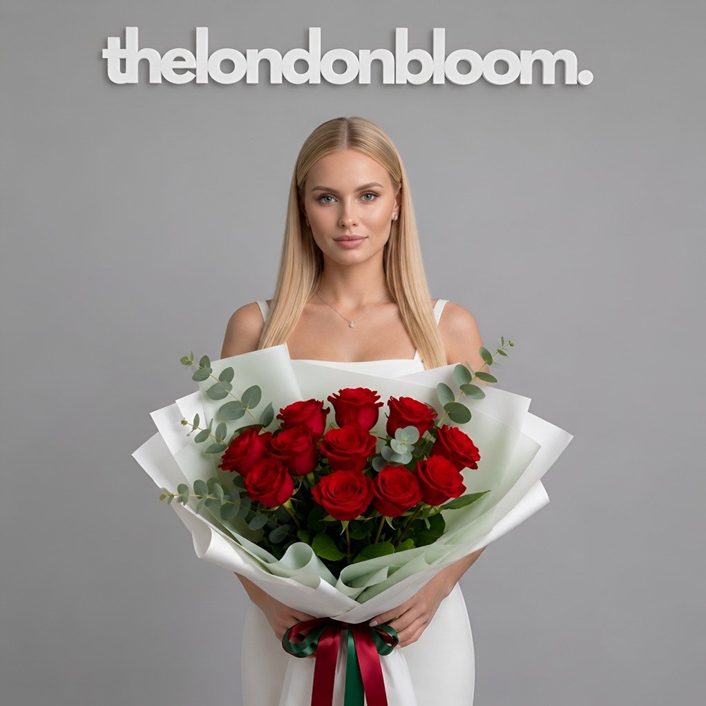 The London Bloom About Us Picture. A woman holding a nice rose bouquet under Brand name