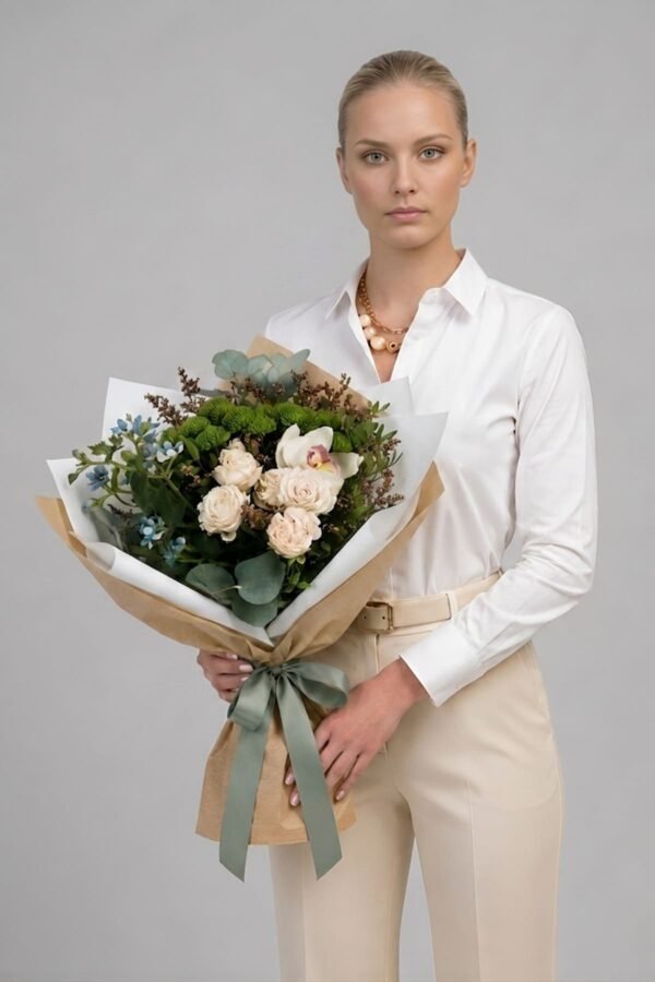 The Simple Elegant Bouquet by The London Bloom featuring a single central orchid, small spray roses, green button chrysanthemums, and fresh greenery.